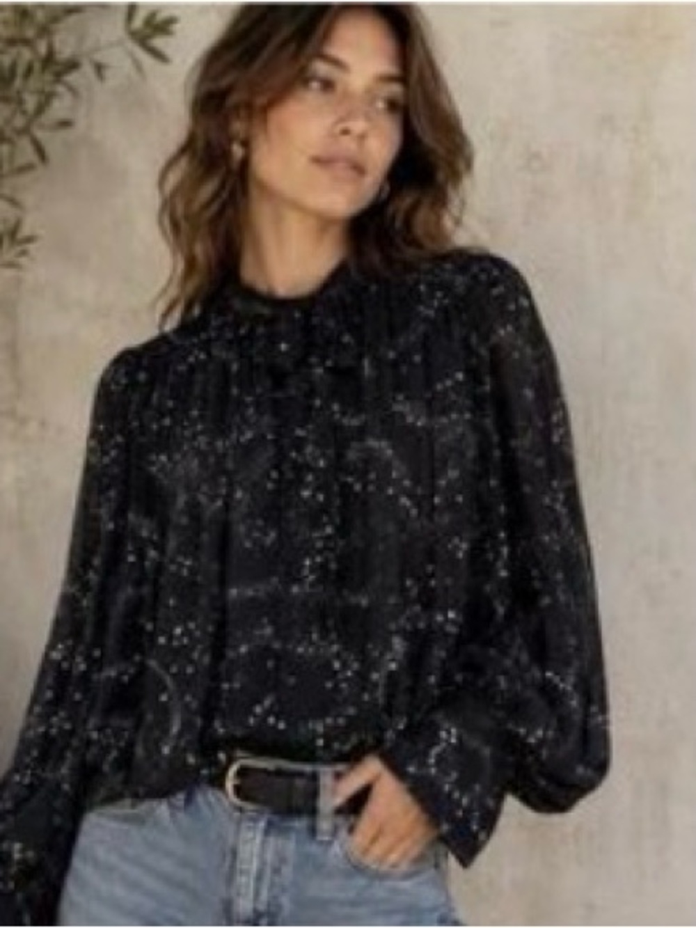 Free People Women’s Size Medium Black Sparkle Bow-Tie Long Sleeve Blouse